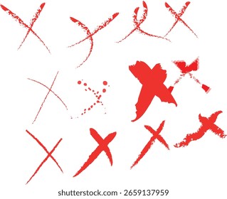 A collection of red cross marks and paint splatters with varied brushstroke textures on a white background.