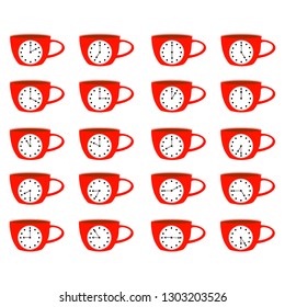 A collection of red cups with a clock. Coffee break.