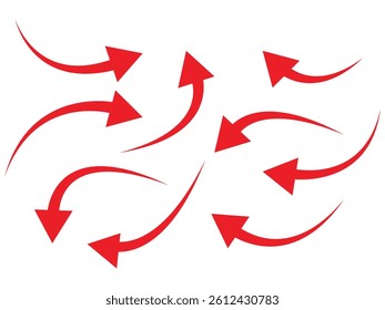 Collection of red curved arrow symbol, direction arrow set vector illustration on white background. Curved arrow icon set vector 