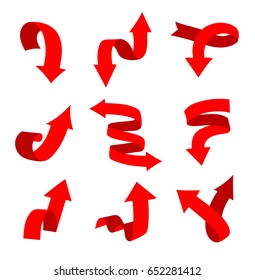 Collection of red curved arrows. Vector illustration.