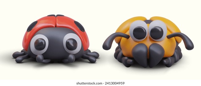 Collection with red cute ladybird and yellow scarab standing on white background. Models of different insects for online game. Vector illustration in 3d style