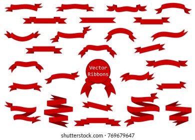 Collection of red decorative ribbons and banners isolated on white. Vector design element set