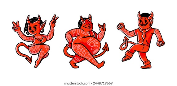 Collection of red devil in isolated on white background. Set of demon with tattoo expressing various emotions. Colorful vector illustration in flat cartoon style.	
