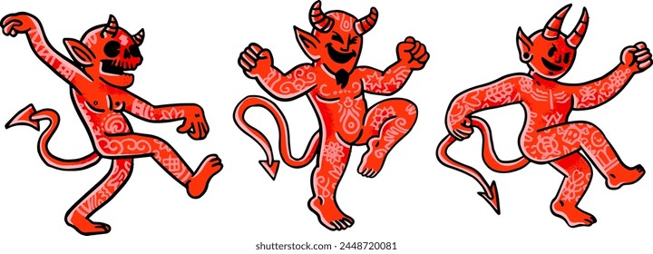 Collection of red devil in isolated on white background. Set of demon with tattoo expressing various emotions. Colorful vector illustration in flat cartoon style.	