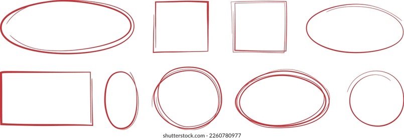 collection of red doodle shapes, circular and rectangular highlight frames vector illustration