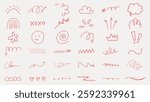 Collection of red doodles: arrows, clouds, swirls, and crowns. Playful doodles, red lines, and whimsical shapes. Perfect for creative projects and designs. Colorful doodle elements, vector set.