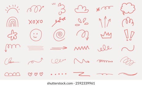 Collection of red doodles: arrows, clouds, swirls, and crowns. Playful doodles, red lines, and whimsical shapes. Perfect for creative projects and designs. Colorful doodle elements, vector set.