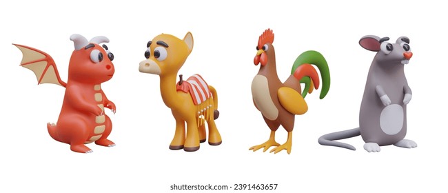 Collection with red dragon with wings, yellow camel, rooster and small rat. Set with different animals on white background. Vector illustration in 3d style