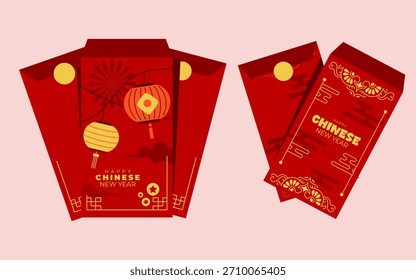 Uma coleção de envelopes vermelhos adornados com designs tradicionais chineses, incluindo lanternas e texto comemorativo, perfeito para as observâncias do Ano Novo Lunar.