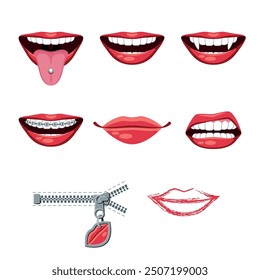 Collection of red female lips. Set of smiling female lips isolated on white background. Vector illustration.