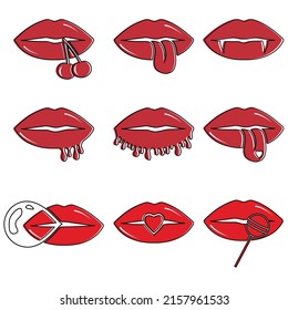 Collection of red female lips. Vector illustration of sexy woman's lips. Smile, kiss