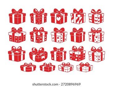 Una colección de iconos de caja de regalo festivos rojos con arcos, perfecto para diseños de vacaciones y celebraciones.