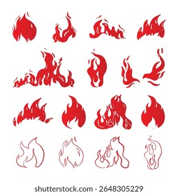 Collection of red fire icons featuring various flame styles and burn shapes. Ideal for hot warning labels, BBQ designs, heat symbols, fire safety signs, and dynamic graphic elements.