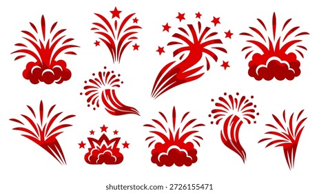 Collection of red firework bursts and sparks for party and festive themes