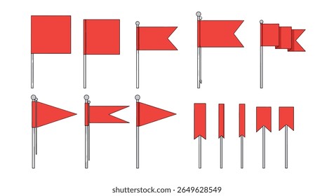 Collection of red flags and banners displayed against a white background showing different shapes and styles