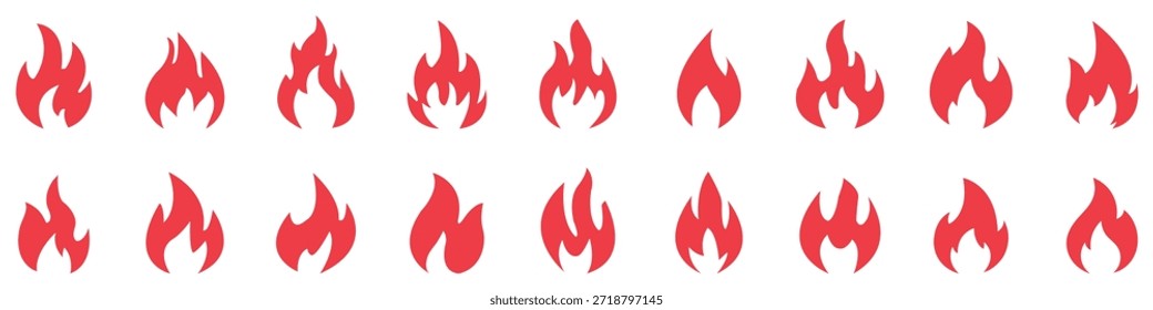 Sammlung von Symbolen für rote Flamme einzeln auf weißem Hintergrund. Feuerflamme, Vektorsymbol-Set. Flaches Design.