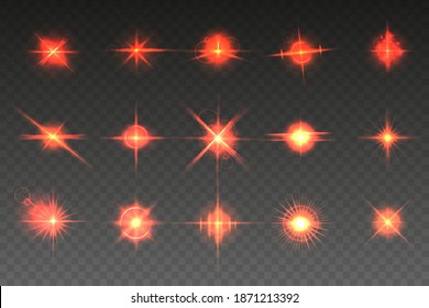 Collection of red flares of light isolated on transparent background. Glowing lights effect, flash, explosion and stars. Vector illustration
