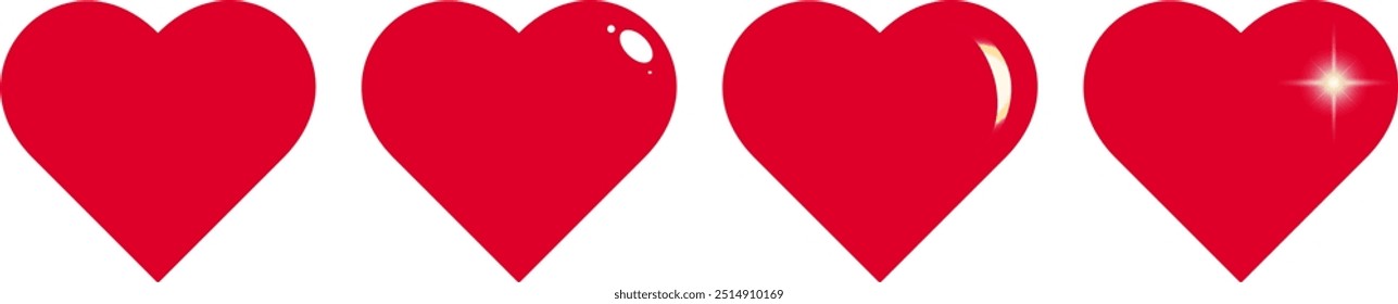 Coleção de ícones de vermelho plano e coração 3D. 4 corações. Coleção da Web. Ilustração vetorial.
