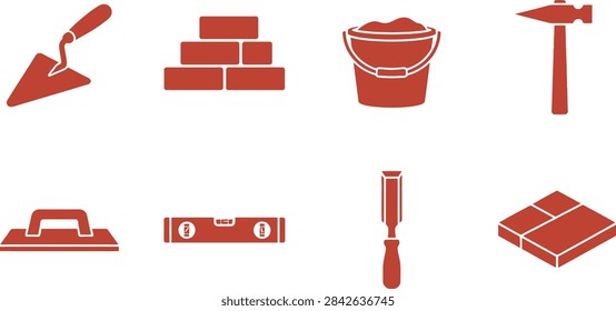A collection of red flat icons representing various construction, renovation, and masonry tools and materials on a white background.