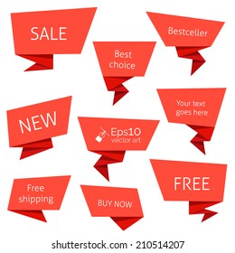 Collection of red flat style speech bubbles isolated on white with space for your text. Vector elements for your design. Paper origami.