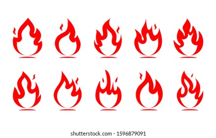 Collection of red flat tongues 
of flame pictogram isolated on white background. Set icons. Flaming symbols and elements of candle, heat, fire, fireplace, burning, energy. Vector illustration. 