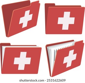 Collection of red folder icons with white first aid cross empty or filled with documents (cut out)