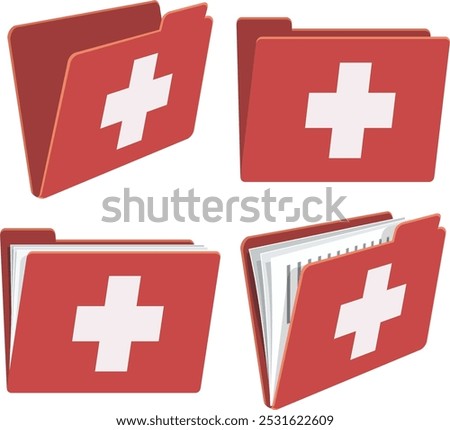 Collection of red folder icons with white first aid cross empty or filled with documents (cut out)