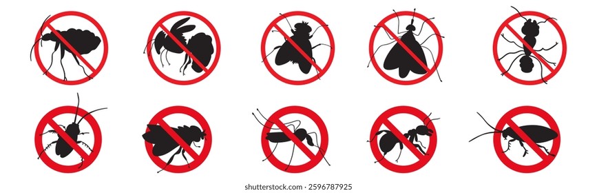 Collection of red forbidden signs. Stop insects. Isolated icons for Pest control. Illustrations on white background.