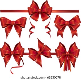 Colección de arcos de regalo rojos con cintas. Todos los elementos y texturas son objetos individuales. Escala de ilustración vectorial a cualquier tamaño.