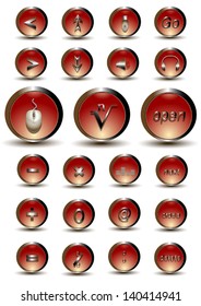 Collection of red glossy buttons with web and mathematical symbols