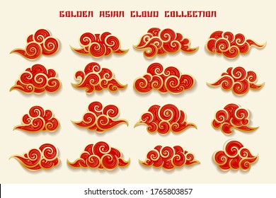 Collection of red and gold clouds in Chinese style. Vector Illustration.