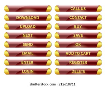 collection of red and golden rounded glossy internet buttons with text on white background, vector illustration, eps 10 with transparency