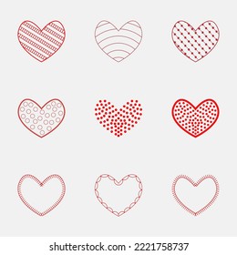 Collection of red graphic heart icons. Set of nine isolated love symbols. Collection group of romantic design elements. Modern elegant logos. Trendy idea for flat web design, app, user interface.