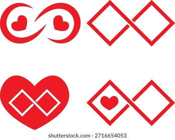 A collection of red graphic symbols combining hearts and the infinity sign to represent love and connection