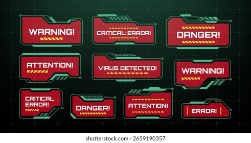 Collection of red and green HUD interface warning message boxes for alerts, system failure, danger, attention, and errors.