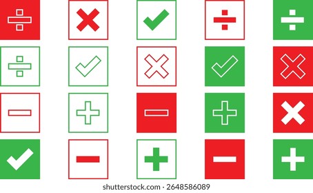 Collection of Red and Green Square Symbols Plus, Minus, Checkmark, Cross Icons