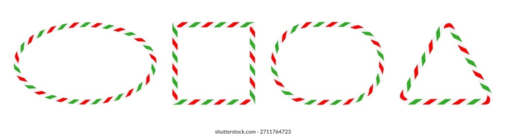 Collection red, green and white candy cane striped geometric outlines, including circle, square, oval and triangle.Festive set for Christmas design, holiday decor.Vector illustration