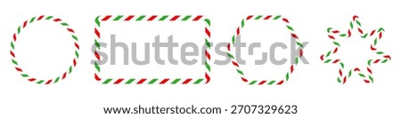 Collection red, green and white candy cane striped geometric outlines, including circle, rounded rectangle, rounded hexagon and star.Festive set for Christmas design, holiday decor.Vector illustration