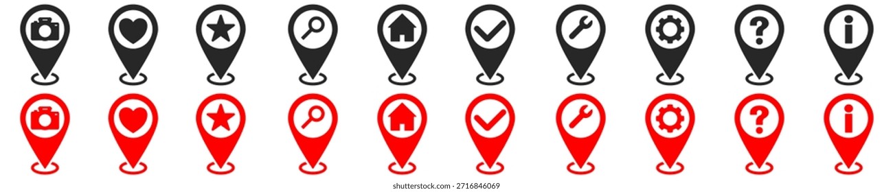 Colección de punteros de Locación rojos, grises y negros con varios iconos para aplicaciones de navegación y servicio