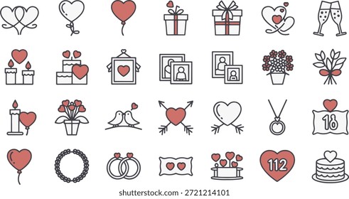 Colección de iconos rojos y grises en forma de corazón para el Vector de amor y celebración