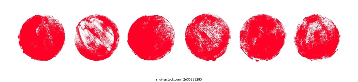 Collection of red grunge circles and dots. Japanese and chinese calligraphy round shapes. Hand drawn vector round brush strokes. Rough circle stamps, ink seals. Japanese stamp design template.