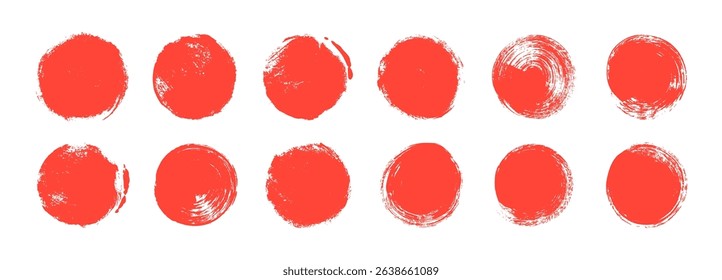 Collection of red grunge circles and dots. Japanese and chinese calligraphy round shapes. Hand drawn vector round brush strokes. Rough circle stamps, ink seals. Japanese stamp design template.