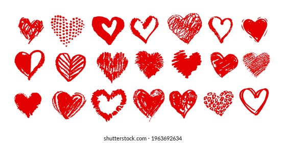 Collection of red grunge vector hand drawn Valentine hearts isolated on white background.