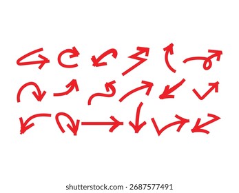 A collection of red, hand drawn arrows in various styles and directions, isolated on a white background