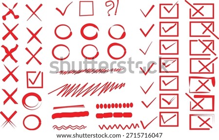 Collection of red hand drawn check marks crosses circles and scribbles for marking documents