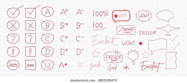 A collection of red hand drawn checkmarks grades and evaluation symbols on graph paper