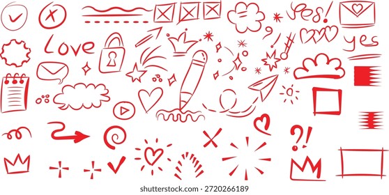Colección de iconos de doodle dibujados a mano roja y varios Elementos de croquis abstractos perfectos para enfatizar el texto o los acentos de diseño