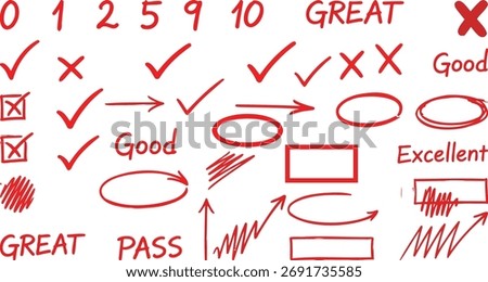 Collection of red hand drawn marks including checkmarks x s circles numbers words and arrows for grading and feedback