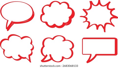 Collection of Red Hand Drawn Speech Bubbles and Thought Balloons Isolated