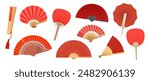 Collection Of Red Hand Fans Showcasing Various Traditional Asian Designs. Vector Image Includes Different Styles